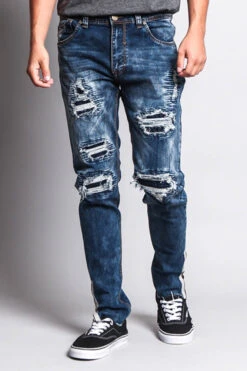 Destroyed Rip Illusion Moto Biker Jeans With Zipper