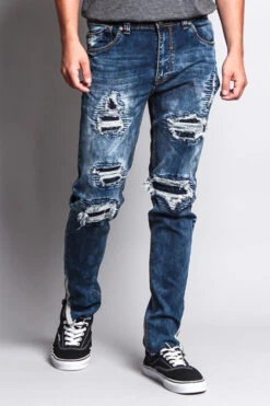 Destroyed Rip Illusion Moto Biker Jeans With Zipper -Victorious DL1152 IND 5