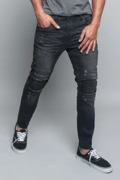 Distressed Scrunched Knee Biker Jeans -Victorious DL1179 BLK 4