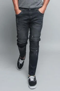 Distressed Scrunched Knee Biker Jeans -Victorious DL1179 BLK 5