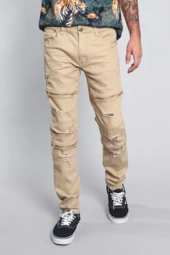 Distressed Zipper Denim Jeans -Victorious DL1204 KHK 1