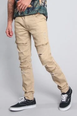 Distressed Zipper Denim Jeans -Victorious DL1204 KHK 2