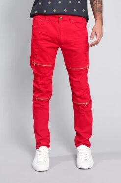 Distressed Zipper Denim Jeans -Victorious DL1204 RED 1