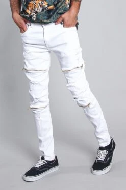 Distressed Zipper Denim Jeans -Victorious DL1204 WHT 2