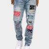 Distressed Bandana Paisley Patch Denim Jeans -Victorious DL1377 IND 1