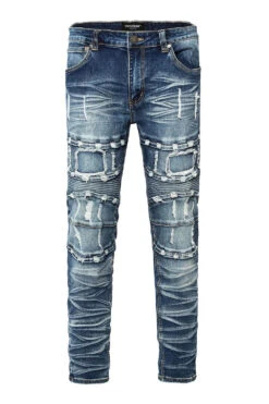 Distressed Stacked Washed Biker Denim Jeans -Victorious DL1412 DKI 1