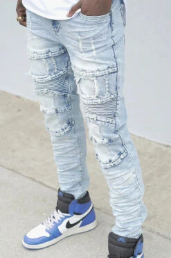 Distressed Stacked Washed Biker Denim Jeans -Victorious DL1412 LTI 4