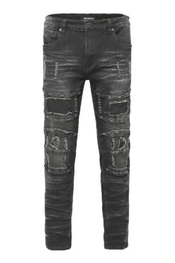 Distressed Stacked Washed Biker Denim Jeans -Victorious DL1412 SPI 1