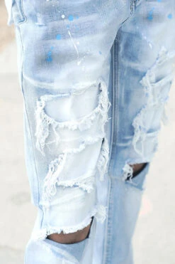 Men's Paint Splatter Knee Blowout Distressed Denim Jeans -Victorious DL1417 LTI 6