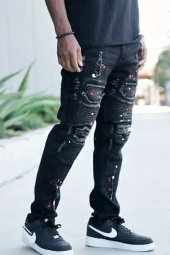 Stacked Paint Splatter Biker Jeans -Victorious DL1418 BLK 03