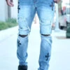 Faux Leather Cross Patch Distressed Denim Jeans -Victorious DL1419 IND 2
