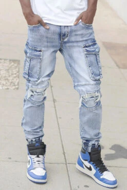 Distressed Washed Cargo Denim Joggers -Victorious DL1420 IND 4