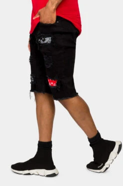 Ripped Bandana Repair Denim Shorts -Victorious DS2029 BLK 2
