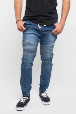 Acid Wash Biker Denim Jogger Pants -Victorious JG873 DKI 1