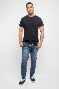 Acid Wash Biker Denim Jogger Pants -Victorious JG873 DKI 5