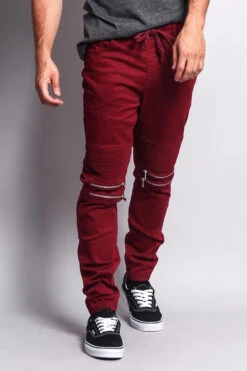 Zipper Knee Biker Twill Jogger Pants -Victorious JG883 BRG 1