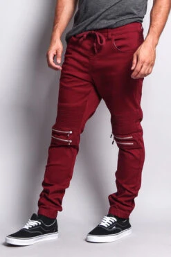 Zipper Knee Biker Twill Jogger Pants -Victorious JG883 BRG 2