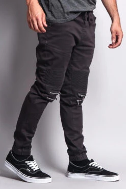 Zipper Knee Biker Twill Jogger Pants -Victorious JG883 CHC 4