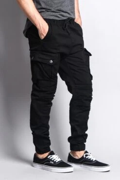 Big Cargo Jogger Pants With Distressed Knee -Victorious JG896 BLK 4