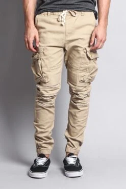 Big Cargo Jogger Pants With Distressed Knee -Victorious JG896 KHK 1