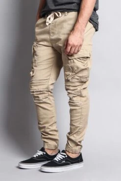 Big Cargo Jogger Pants With Distressed Knee -Victorious JG896 KHK 2