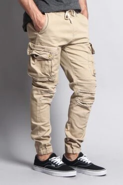 Big Cargo Jogger Pants With Distressed Knee -Victorious JG896 KHK 4