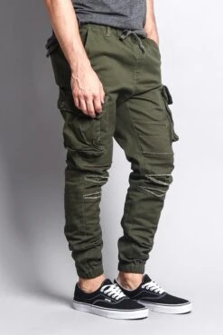 Big Cargo Jogger Pants With Distressed Knee -Victorious JG896 OLV 4