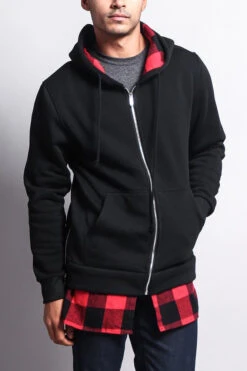 Plaid Flannel Accent Long Length Zip Hoodie -Victorious JK723 BRD 4