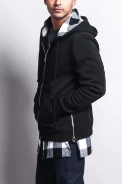 Plaid Flannel Accent Long Length Zip Hoodie -Victorious JK723 BWT 2