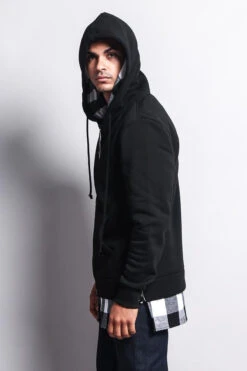 Plaid Flannel Accent Long Length Zip Hoodie -Victorious JK723 BWT 6