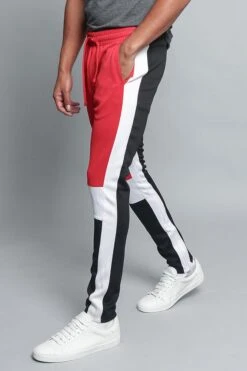 Tri Colored Color Blocked Track Pants -Victorious TR540 RED 2