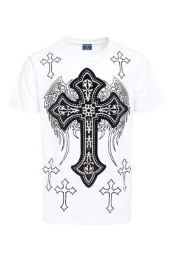 Men's Cross Velvet Patch Rhinestone Graphic T-Shirt -Victorious TS7488 WHT 1
