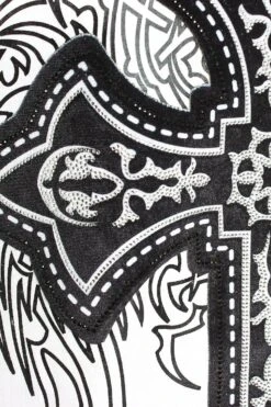 Men's Cross Velvet Patch Rhinestone Graphic T-Shirt -Victorious TS7488 WHT 2