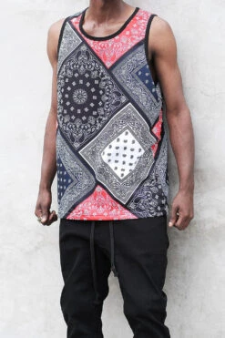Men's Diagonal Bandana Mix Tank Top -Victorious TT102 NAVYRED 4