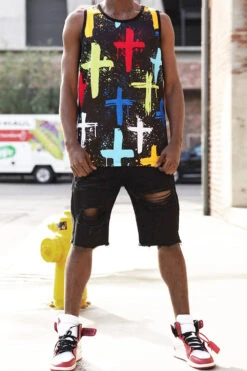 Men's Cross Paint Splatter Tank Top -Victorious TT109 BLK 3