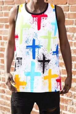 Men's Cross Paint Splatter Tank Top -Victorious TT109 WHT 3