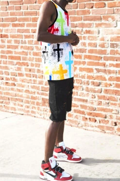 Men's Cross Paint Splatter Tank Top -Victorious TT109 WHT 4