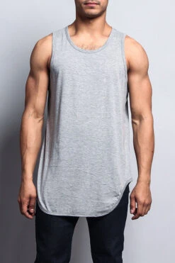 Basic Long Length Curved Hem Tank Top -Victorious TT47 GRY 1